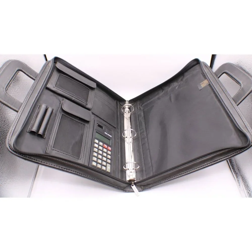 Franklin Covey DayOne Black Leather Zip Portfolio Planner Organizer Handles Calc